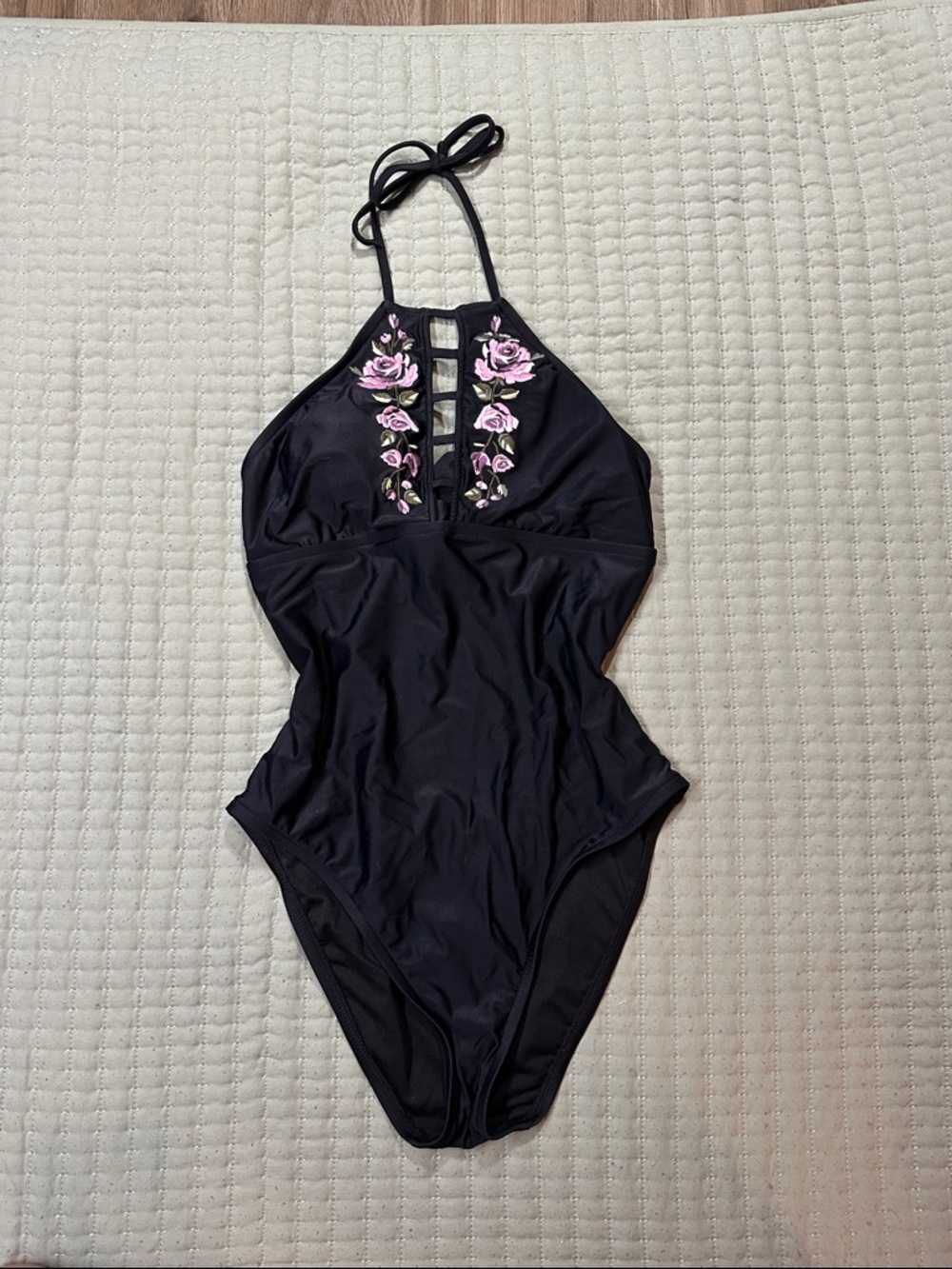 Target Black One-Piece Halter Swimsuit with Pink Rose Embroidery
